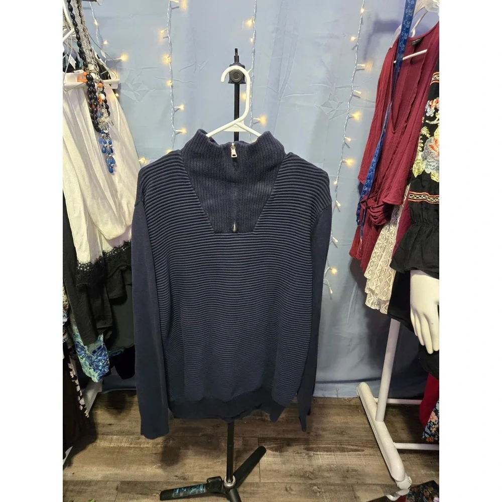 VTG Y2K INC International Concepts Men 1/4 Zip Pullover Mock Neck XL Navy Ribbed